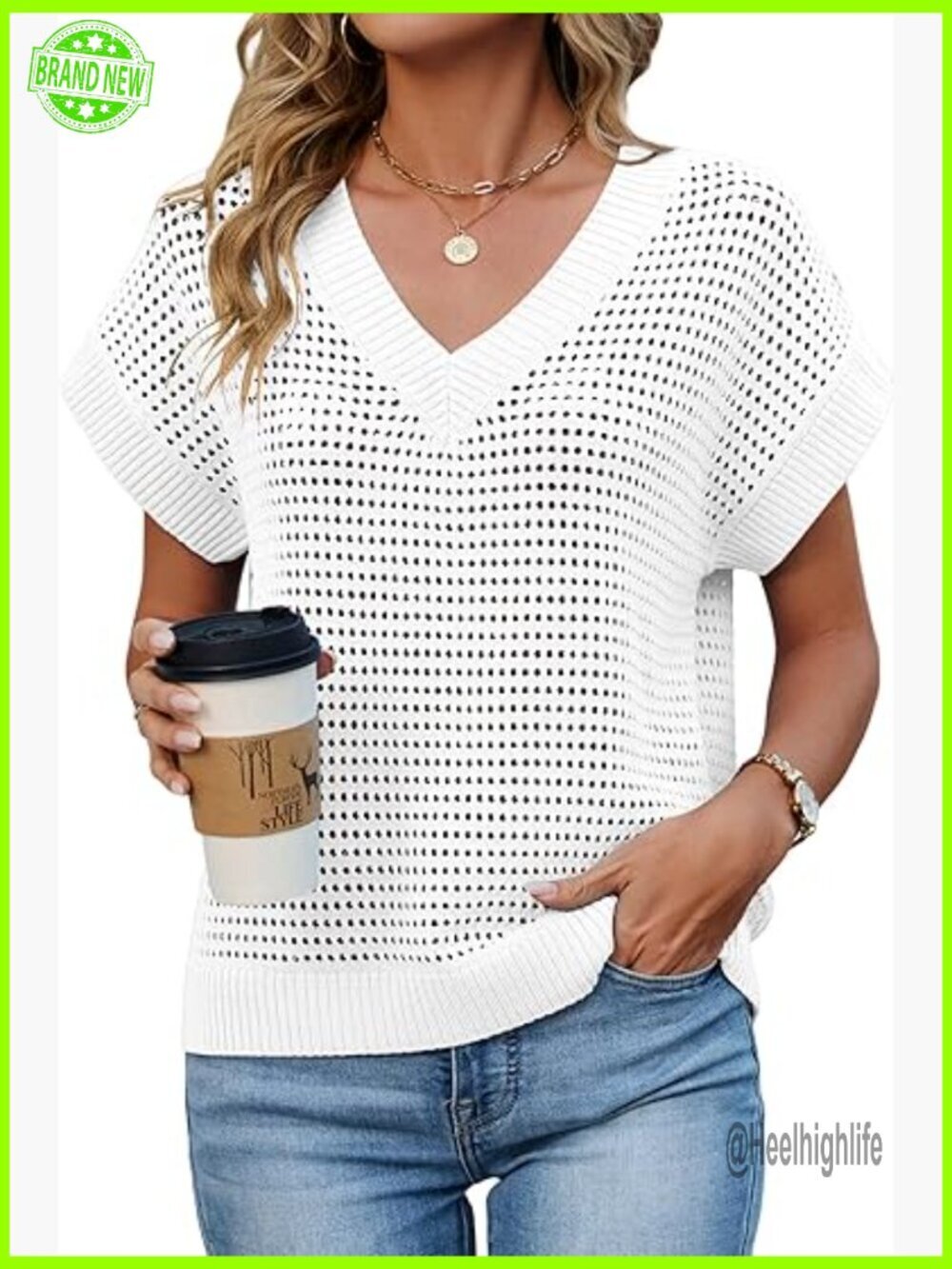 Crochet V-Neck Sweater Vest Pullover Cap Sleeve Hollow Out Summer Top